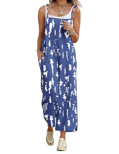 YESNO Women Casual Summer Jumpsuits Boho Wide Leg Cropped Overalls Spaghetti Straps Loose Fit Rompers with Pockets L PZ8 CR147 - Image 1