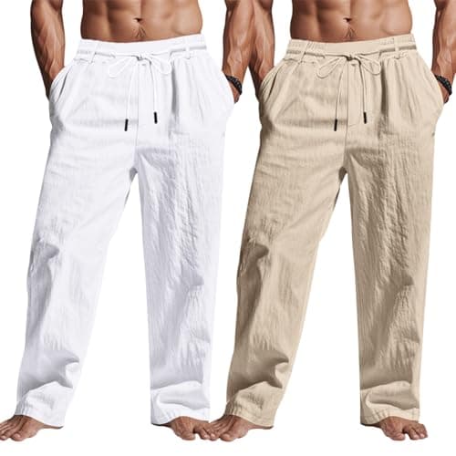 TRFIC Men's Linen Pants 2 Pack Lightweight Drawstring Elastic Waist Loose Fit Straight Leg Beach Yoga Pants with Pockets - Image 1