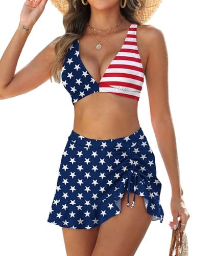 High Waisted Bikini Sets for Women Gingham Push Up Two Piece Swim Skirt Set Tummy Control Bathing Suit 2026 Swimsuit Curvy V Neck Ruffle Full Coverage Tops and Bottoms Matching Set American Flag XXL - Image 1