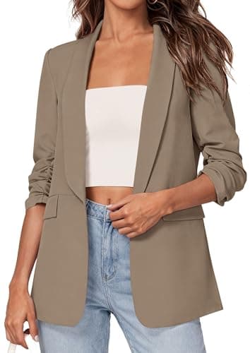 PRETTYGARDEN Women's 2026 Spring Blazers Business Casual Outfits Open Front Ruched 3/4 Sleeve Lightweight Work Suits Jackets (Light Coffee,Small) - Image 1