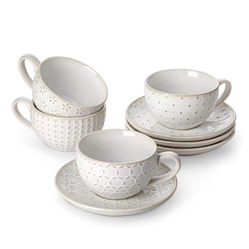 MALACASA 8 OZ Cappuccino Cups with Saucers Set of 4 - Ceramic Stackable Tea Cups and Saucers, Embossment Coffee Mugs for Tea, Latte and Mocha, Dishwasher Safe, Arctic white, LYDIA Series - Image 1