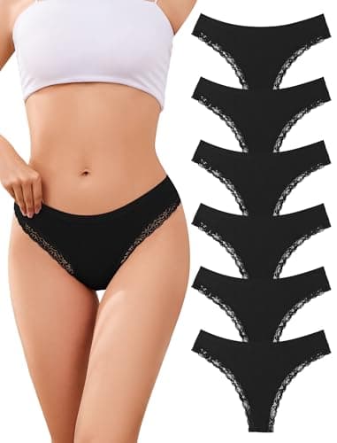 ANSUKOO 6-Pack Cotton Thongs for Women,Lace Underwear,Ladies Breathable Comfort Panties,Soft Laser Cut Undies,Gym Sport Tanga Black - Image 1