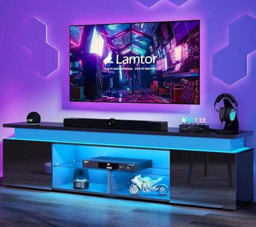Lamtor TV-Stand for 85 Inch TV - Led TV Stand with Power Outlet, Modern Entertainment Center with Glass Shelf, High Glossy Gaming TV Media Console for Living Room, Black - Image 1
