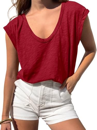 BTFBM Womens Tops Going Out Casual Oversized Summer Basic Tees 2026 V Neck T Shirts Trendy Blouse(Wine Red,Small) - Image 1
