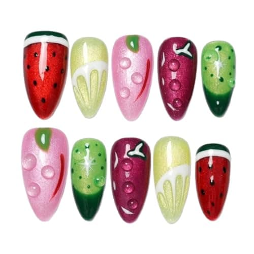 Tesytto Fruit Press on Nails Medium Almond - Cat Eye Effect with Hand-painted Watermelon Lemon & 3D Water Drop Cute Edgy Style, Thick Acrylic and Muti-Layer Gel False Nails (Fruit Party, M) - Image 1
