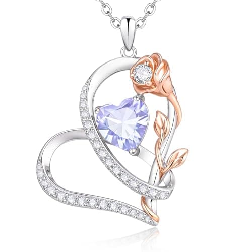 Rose Heart Birthstone Necklace for Women - Dainty 925 Sterling Silver Necklaces for Women Trendy CZ Pendant Necklace Jewelry Birthday Anniversary Christmas Gifts for Girlfriend Mom Lady Daughter - Image 1