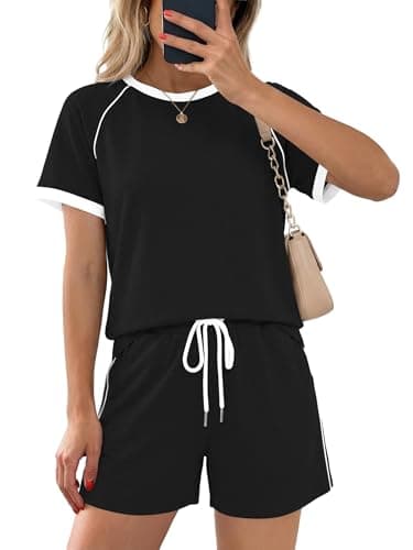 Casly Lamiit Womens Summer Sets 2026 Vacation Outfits Casual Short Sleeve Shirt Drawstring Workout Sets with Pockets Black L - Image 1