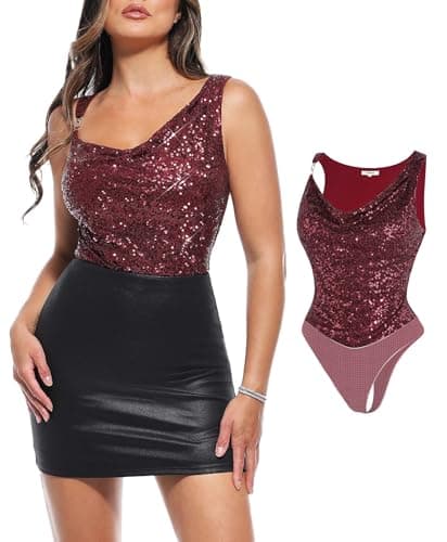 Popilush Women's Shapewear Sequin Sparkly Tummy Control Bodysuit - Sexy Clubwear and Going Out Top Red Party Tops - Image 1