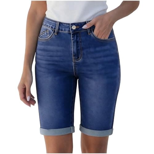 Drindf Bermuda Denim Shorts Women, Knee Length High Waisted Button Fly Cuffed Womens Jean Shorts with Pockets, Petite Long Jorts for Summer,Fall,Work Outfits,Dark Blue M - Image 1