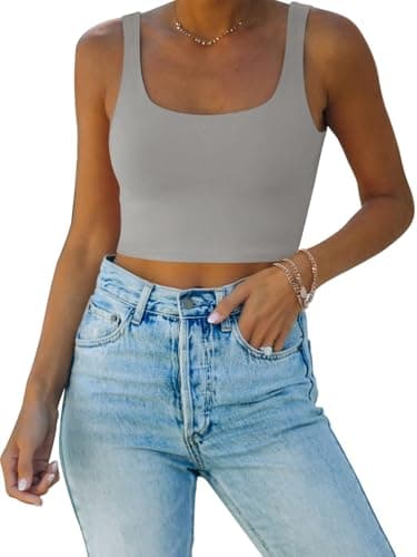 REORIA Women's Summer Sexy Basic Sleeveless Square Neck Fitted Seamless Yoga Cropped Tank Cute Crop Tops Linght Grey X Large - Image 1