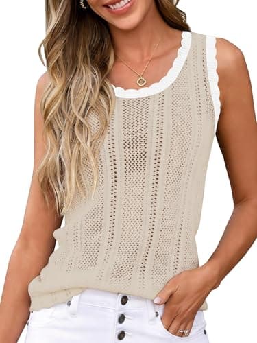 Anbech Womens Summer Crochet Knit Sleeveless Tank Tops Scoop Neck Sweater Vest Boho Hollow Out Cover Ups Resort Cruise Outfits,Apricot,L - Image 1