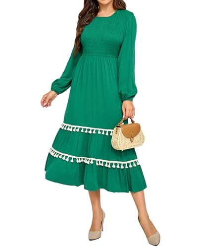 Ystguic Women Long Sleeve Casual Smocked Empire Waist Rayon Viscose A Line Flowy Long Tassel Dresses with Pockets for Seniors Large 059 Emerald Green L - Image 1