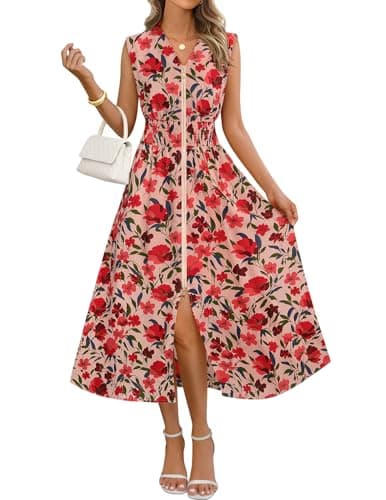 MEROKEETY Women's Summer Sleeveless Floral Maxi Dress 2026 Boho Casual Flowy Zipper V Neck Split Beach Dresses, Dustypink, Small