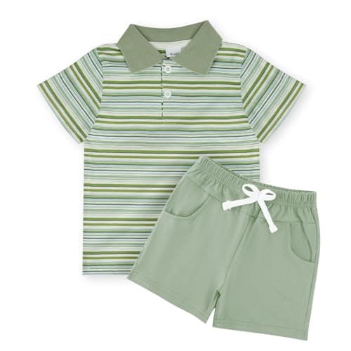 JiuBreeze Toddler Baby Boys Summer Short Sleeve Polo Shirts Set 2-piece Striped Outfits 18 Month-5T (Rainbow Green, 2-3T) - Image 1