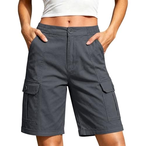 Womens Bermuda Shorts Knee Length, Casual High Waisted Wide Leg Short Women, Relaxed Fit Lightweight Women's Cargo Shorts with Multi Pockets for Summer, Hiking, Fishing, Working Dark Gray L