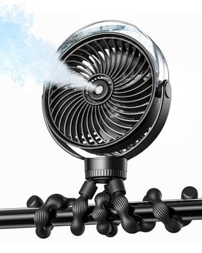 SWEETFULL Misting Stroller Fan – Portable Baby Fan with Spray Cooling, 4 Speeds, Quiet Rechargeable Fans for Travel, Outdoor, Golf Cart, Car Seat, Beach (Black) - Image 1