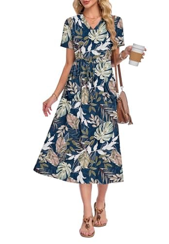 MOLERANI Women Summer Maxi Dress Casual Drawstring Long Dresses V Neck Dresses for Women 2026 Elegant Classy with Pockets, Tropical Leaf, S - Image 1