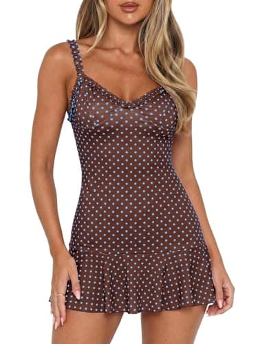 Wenrine Womens Spaghetti Strap Polka Dot Mini Dress Casual Sleeveless V Neck Short Summer Beach Dresses - Image 1