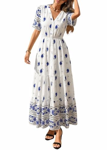 PRETTYGARDEN Womens Summer Boho Maxi Dress 2026 Trendy Short Sleeve V Neck Flowy Beach Floral Dresses with Pockets (White Blue Flower,XX-Large) - Image 1