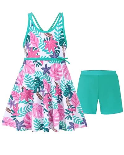 sweetabby Girls Swimsuit Toddler Bathing Suit Green Tropical Swimsuit Girl Cover Up Swim Dress with Shorts 2 Piece Tankini Set Kids Swimwear Size 8 9 - Image 1
