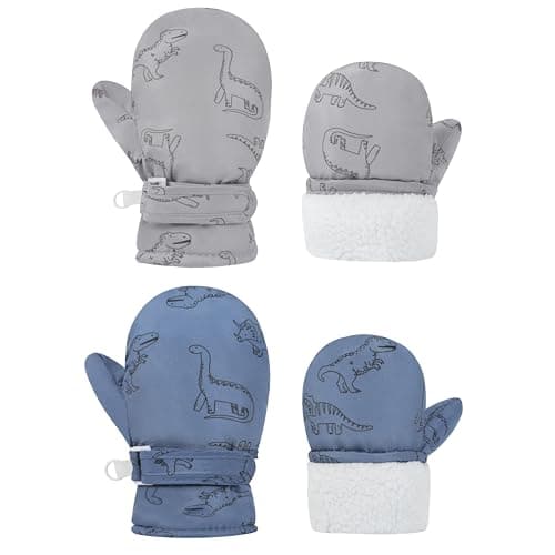 Urban Virgin Infant Baby Toddler Kids Winter Mittnes Lined Fleece Warm Waterproof Ski Snow Gloves For Boys Girls Hazy Blue Dino&Gray Dino 2-4 T - Image 1