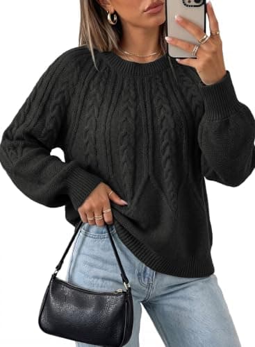 Dokotoo Fall Sweaters for Women 2026 Batwing Long Sleeve Crewneck Business Casual Outfits Cable Chunky Winter Clothes Loose Halloween Sweater Elegant Black Pullover Top Medium - Image 1