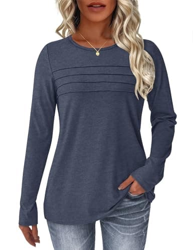 NORACORA Women's Long Sleeve Tops Crew Neck Casual Tunics Dressy Pleated Front T Shirts Business Blouses 2025 Spring Fall Outfits Pullover Tshirts Navyblue S - Image 1