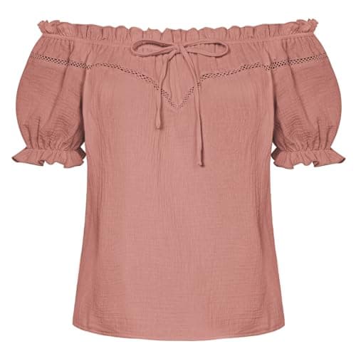 Peasant Blouse for Women Off Shoulder Puff Sleeve Cotton Loose Summer Tops Dusty Pink S - Image 1