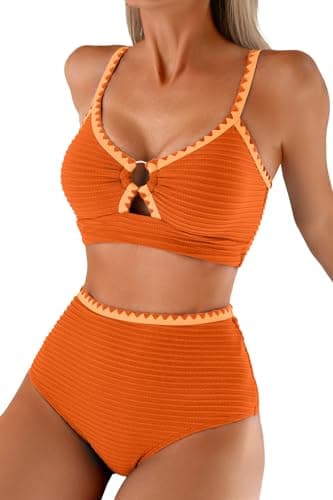 Herseas Women's Tummy Control Bikini Sets Textured Push Up Top 2026 Summer V Neck Swimsuits O Ring Whip Stitch High Waisted Bathing Suits Flattering Modest Cruise Essentials Orange Small
