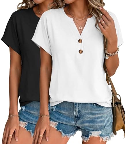 INNOVATOP 2 Pack Womens T Shirts V Neck Short Sleeve Henley Tops Work Business Casual Blouses Summer Dressy Casual Clothes Black/White - Image 1