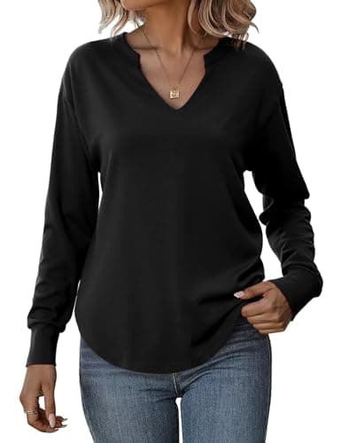 Totatuit Sweatshirts for Women V Neck Long Sleeve Shirts Loose Lightweight Curved Hem Casual Pullover Tops 2025 Fall Black Small - Image 1