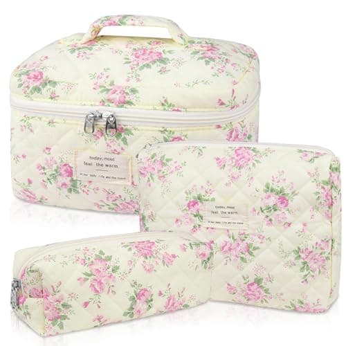 Gosect Makeup Bag Set, Quilted Makeup Bag, Large Floral Cosmetic Bag for Women, Cute Cotton Makeup Bags, Flower Travel Toiletry Organizer Bag (Pink Floer) - Image 1