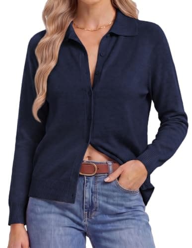 Women Lightweight Cardigans Button Up Collared Sweaters 2026 Fall Fashion Business Work Teacher Outfits Navy 2XL - Image 1