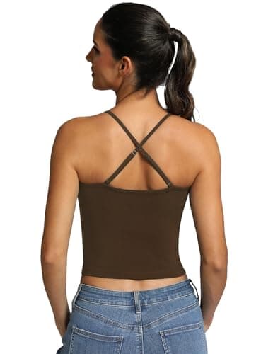 Fihapyli ICTIVE Womens Longline Sports Bra Camisole Adjustable Spaghetti Strap Padded Backless Workout Yoga Bra Coffee XL - Image 1