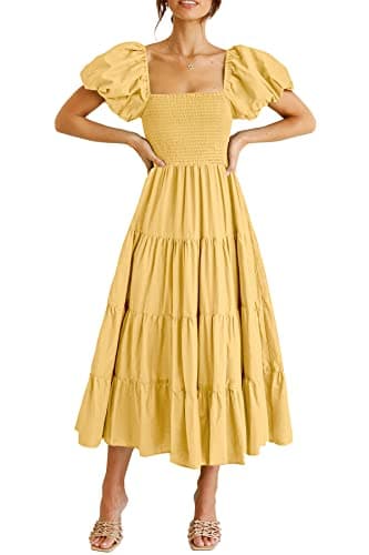 PRETTYGARDEN Women's Casual Summer Midi Dress Puffy Short Sleeve Square Neck Smocked Tiered Ruffle Dresses (Yellow,Small) - Image 1