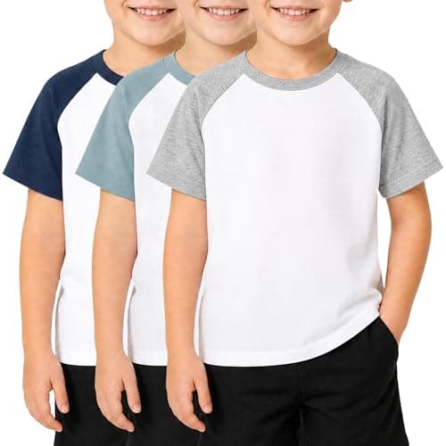 Wenlia Boys Shirts Short Sleeve Cotton Tees Raglan Athletic & Casual 3-Pack Tops Kids Toddler Activewear, Navy/Blue/Gray, 6-8 Years - Image 1