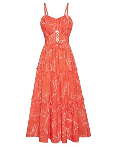 GRACE KARIN 2026 Women's Spaghetti Vacation Sundress Summer Beach Flowy Boho Floral Maxi Dresses with Pockets Orange Floral XXL - Image 1