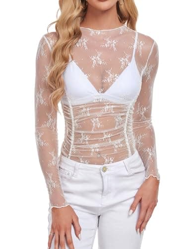 ZAFUL Women Mesh Tops Lace Undershirt Sheer Mock Neck Tops See Through Long Sleeve Shirts Floral Slim Fit Blouse Fall Clothes 2024 White - Image 1