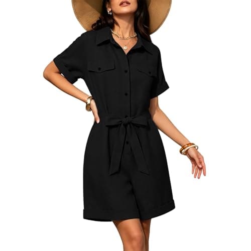 ZWRXW Summer Rompers for Women Linen Cargo Jumpsuit V Neck Short Sleeve Button Up Short Jumpsuit Overalls Vacation Outfits - Image 1