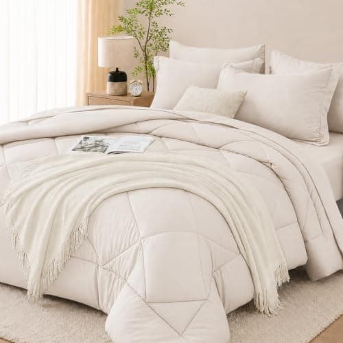 FUANNA 7 Pieces King Size Comforter Set, All Season King Comforter Set, Luxury Soft King Bedding Set with Comforter, Flat Sheet, Fitted Sheet, Pillowcases & Pillow Shams, Beige - Image 1