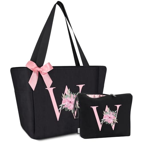 Vavabox Tote Bag, A-Z Initial Monogrammed Waterproof Tote Bag, Bridesmaid Gifts for Women, Black and Pink (W, Black Set) - Image 1