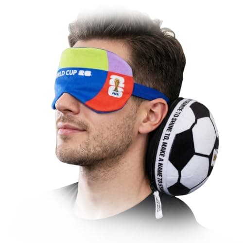 MESUCA World Cup Gear, 2-in-1 Travel Pillow with Eye Mask, Neck Pillow with FIFA Mini Soccer Ball Design, Polyester Plush Fabric, Ideal for Traveling, Car, Train - Image 1