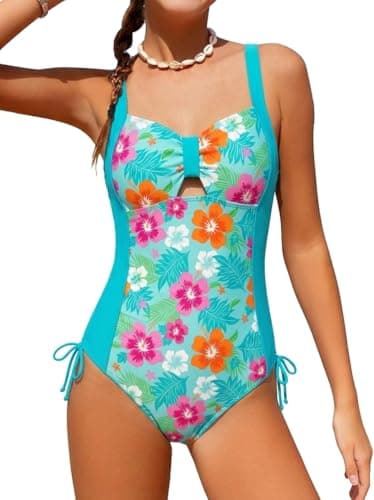 NikNio Girl's One Piece Swimsuit Bow Keyhole Cutout Color Block Bathing Suit 1 Piece Swimwear Green Floral 9-10 Years - Image 1