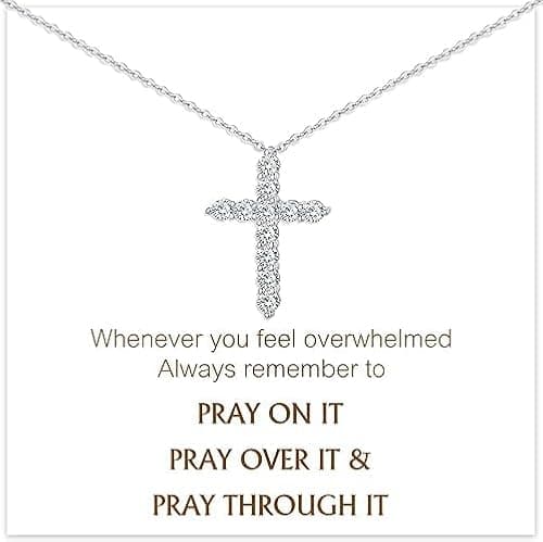 Juvux Cross Necklaces for Women 925 Sterling Silver 18K Gold Plated Cubic Zirconia Cross Necklace Simple Jesus Cross Necklace Cute Simulated Diamond Jewelry Religious Minimalist Easter Gift (Silver with White Cards) - Image 1