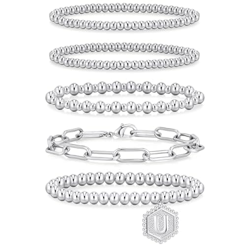 adoyi Silver Beaded Bracelets for Women, 14K Gold Plated Jewelry Bracelet Stack Dainty Initial Stackable Stretch Bead Ball Letter U Strand Bracelet Set Adjustable Gift for Women - Image 1
