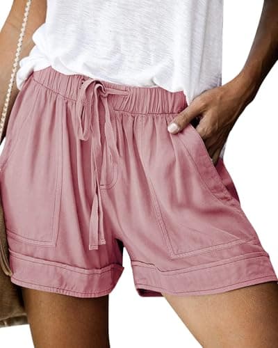 NILOINE 2025 Womens Summer Drawstring Shorts Solid Elastic Waist Casual Beach Shorts Pull On Short Pants with Pockets(1-Pink,Medium) - Image 1