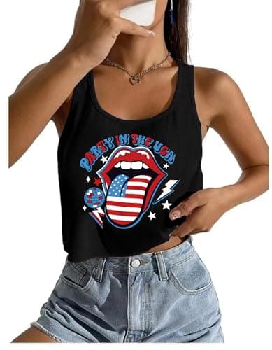4th of July Tank Tops Women American Flag Crop Top Cropped USA Patriotic Sleeveless Graphic Tee Tops - Image 1