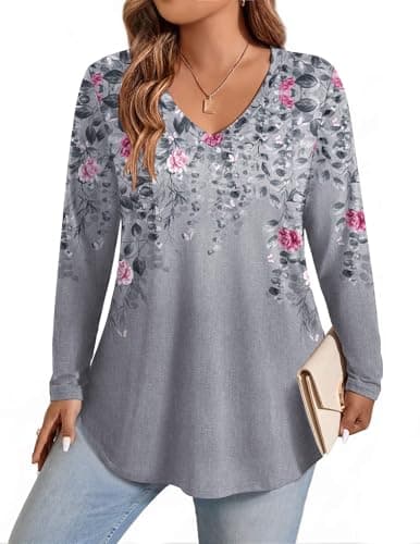 IN'VOLAND Plus Size Long Sleeve Shirts for Women Loose Casual V Neck Tunic - Image 1