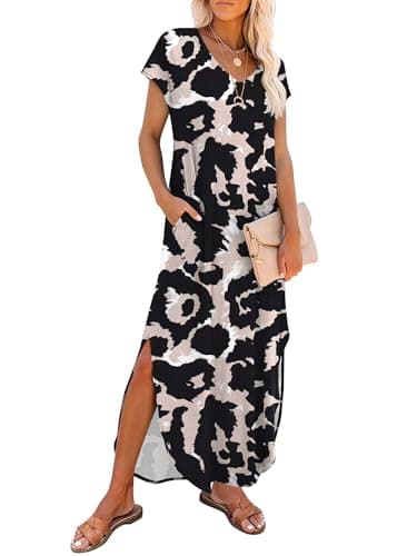 RUMIA Summer Casual Maxi Dresses for Women- Women's V Neck Cap Sleeve Long Sundress with Pockets Beach Vacation Leopard - Image 1