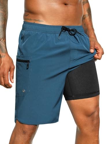 SILKWORLD Swimming Trunks for Men Quick Dry Shorts 2 in 1 Long Bathing Suit Stretch Beach Shorts, Cobalt Blue, Medium - Image 1